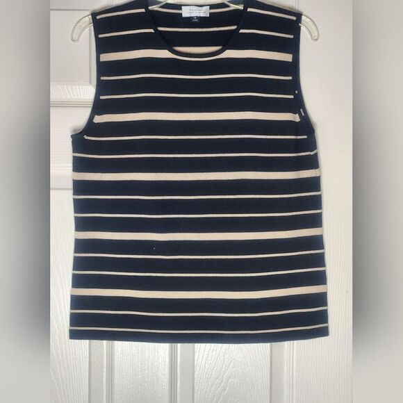 Tahari Arthur Levine 14 Stripped Black Beige Knit SILK Blend Slvlss Women Top - Picture 1 of 7